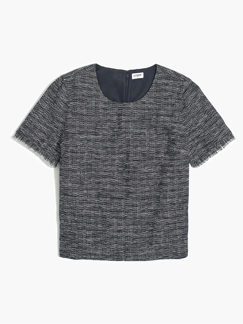 J. Crew Navy & White Tweed Fringe-Sleeve Top